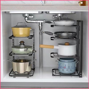 Porte-casseroles multicouches Support de <span class=keywords><strong>rangement</strong></span> pour comptoir de cuisine Organisateur de casseroles <span class=keywords><strong>sous</strong></span> l'évier Étagère noire amovible - Product Image 3