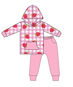 Qingli OEM No tariffario carino Set felpa con cappuccio per ragazza con motivo fragola Design personalizzato per ragazze Set di abbigliamento per bambini - Product Image 1