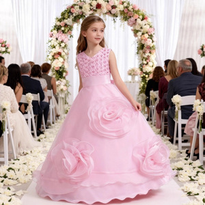 Vestido largo para niñas, vestido de princesa con apliques de flores rosas sin mangas para banquete de boda, desfile de moda 8623 - Product Image 1