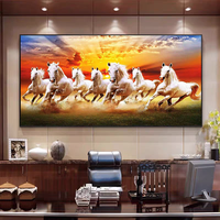 Tableau mural moderne de luxe nordique, 7 chevaux blancs au galop, paysage au coucher du soleil, encadrement en porcelaine cristalline, décoration intérieure, peinture de chevaux