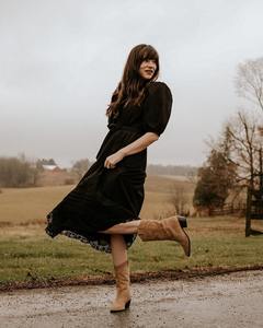 Siyah Boho Vintage kadın Midi elbise puf kollu dantel Trim kemer Custom Made tatlı tarzı OEM ODM toplu sipariş için - Product Image 1