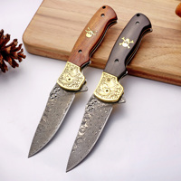 Couteau de poche en acier Damas avec tête sculptée, manche en bois, personnalisable, pour la randonnée, le camping, la découpe de fruits, couteau pliant