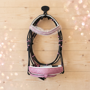 Custom <b>Glitter</b> Leather Horse Bridle with Matching Reins, Padded Anatomical Equestrian Horse Bridle, <b>Pink</b> <b>Glitter</b> Crystal Browban - Product Image 4