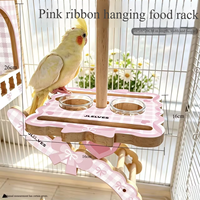 Mangeoire suspendue pour perroquets, bols en verre pour nourriture et eau, perchoir en bois, support d'alimentation pour oiseaux, pour calopsites, perruches, agapornis, ruban rose