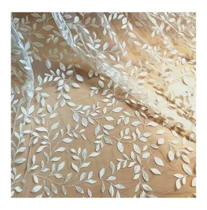 Illusion Leaf Embroidered Lace Fabric Ivory Tulle For Wedding Dresses And Veils