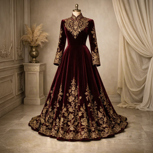 <b>Burgundy</b> <b>Velvet</b> Fergani Embroidered Floor-Length Wedding <b>Dress</b> For Women Traditional Indian Pakistani Style With Gold Detailing - Product Image 1