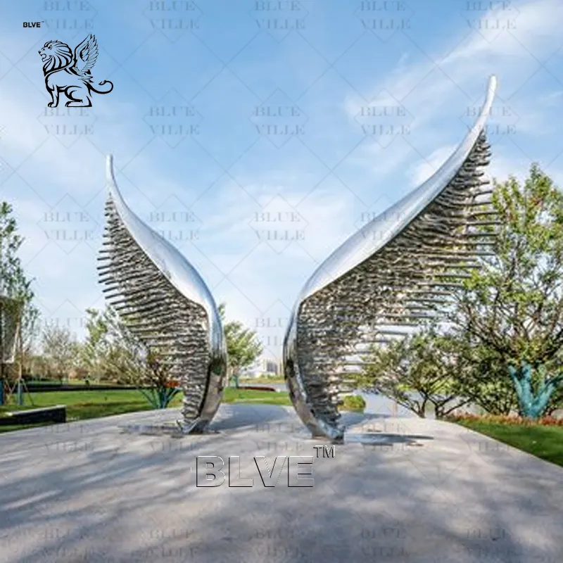 BLVE Gran tamaño al aire libre GardenModern Estatua de metal abstracto Escultura de alas de Ángel de acero inoxidable pulido