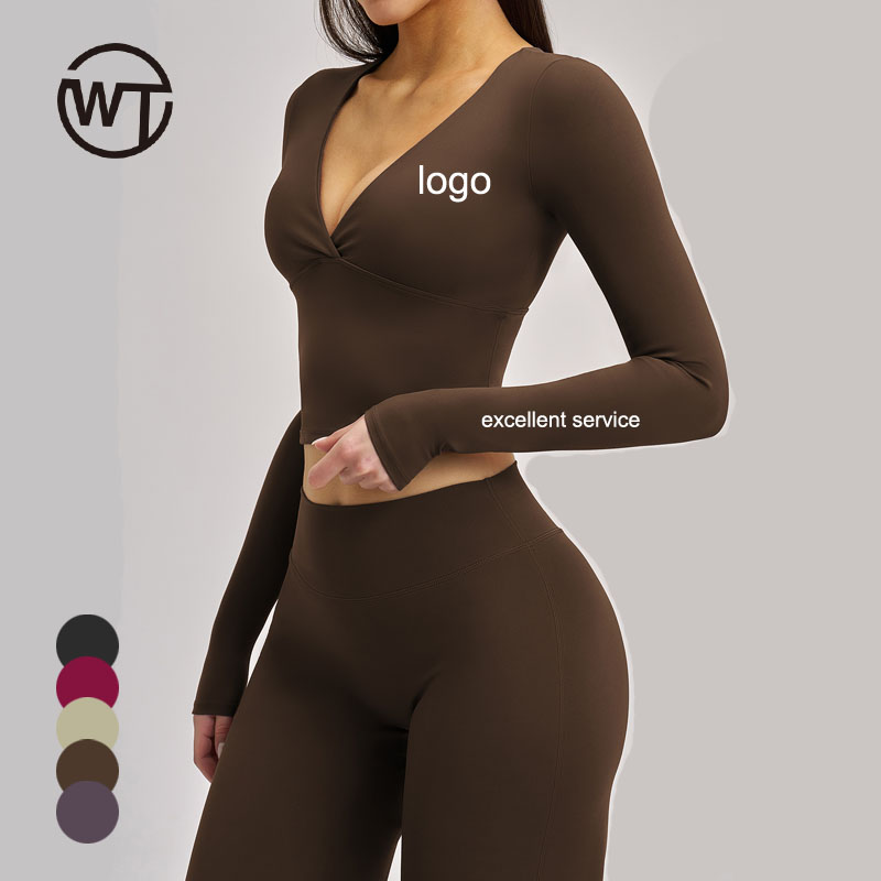 Sexy V Neck Women's Exercise Breathable Athletic Women Sun Quick Dry Activewear Clothing Long Sleeve Yoga Tops With Pad