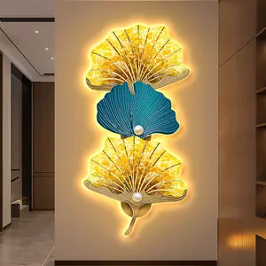 Modern luxury decorative golden Leaf led light painting uv printing wall art with led lights