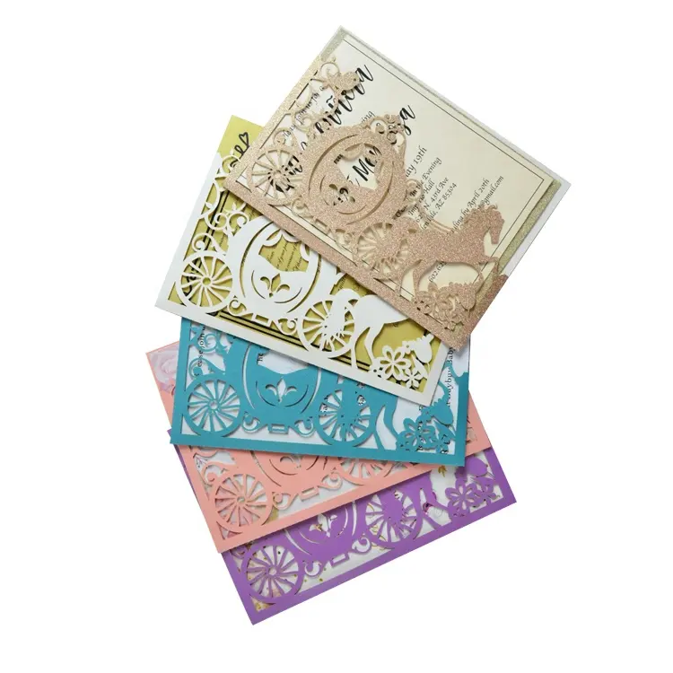 Pompoen Vervoer Laser Gesneden Pocket Fairytale Uitnodigingen Kaart Voor Quinceanera Decoraties
