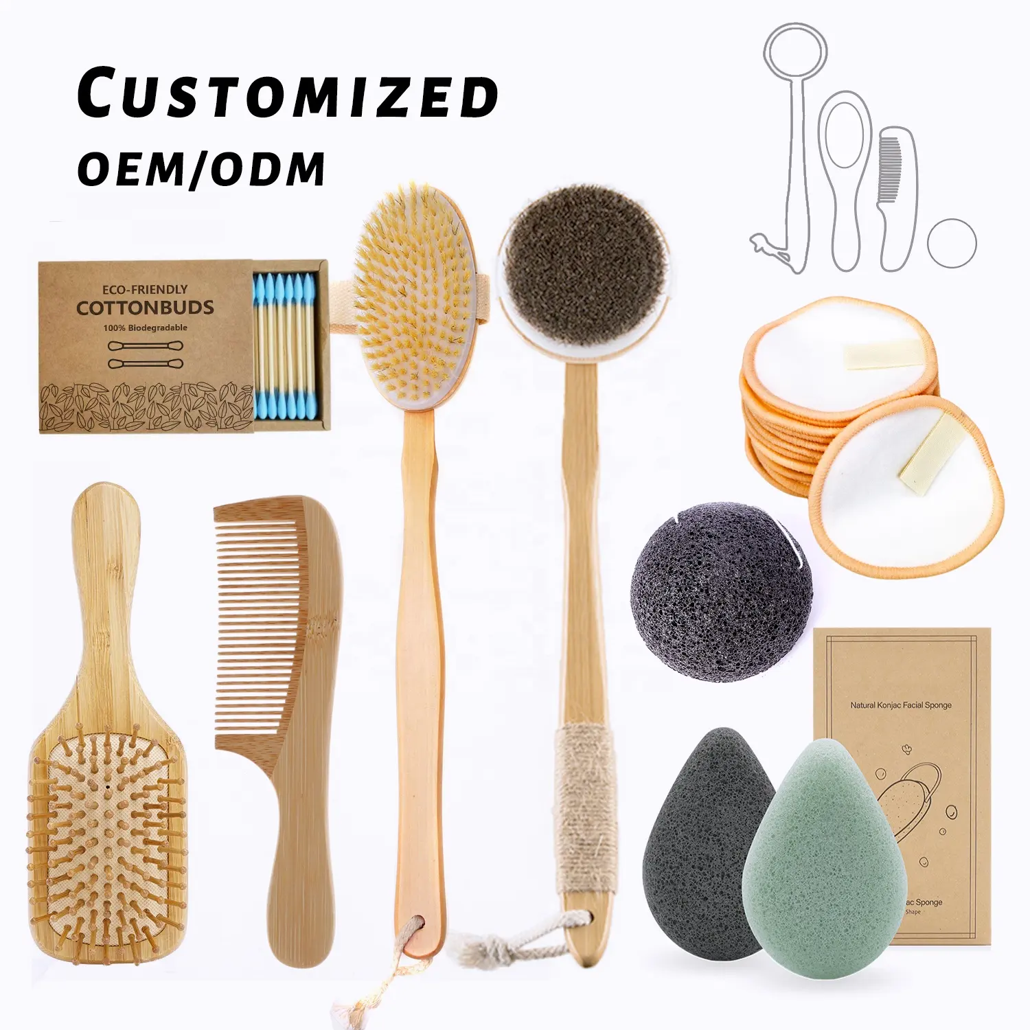 Brosse de bain exfoliante en coton-tige Brosse à cheveux en bambou Éponge konjac Ensemble de tampons démaquillants