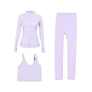Individuelles Logo Damen-Sportbekleidungsset 3-teilig Langärmliger Stehkragen-Sportjacke Hochgeschnittene Yoga-Leggings Yoga-Sets - Product Image 5