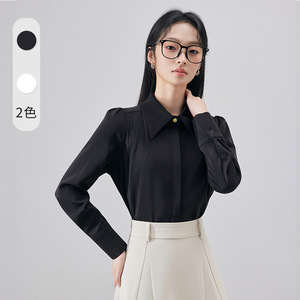 Black Long Sleeve Shirt Women Solid Color Pointed Collar Office Blouse Polyester Fabric Simple Style - Product Image 4