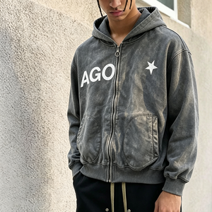 Sweat-shirt à capuche zippé gris délavé vintage pour homme, imprimé étoile AGO, coupe oversize, style streetwear décontracté, vêtements de sport - Product Image 2