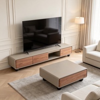 Ensemble meuble TV et table basse rétro en bois grainé avec tiroirs de rangement et compartiment ouvert, meuble TV de salon, mobilier de maison, vente en gros