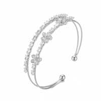 Bracelet Manchette Ouverte Ajustable en Argent Ton Zircon avec Fleur en Cristal Bleu, Service OEM, Pulsera de Moda Elegante
