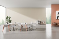 Poste de travail modulaire minimaliste pour 2 personnes, blanc, avec écran de confidentialité, trou pour câbles, structure en acier laminé à froid