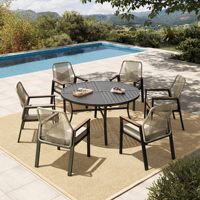 Ensemble de table et chaises de patio AJUNION 7 pièces, 6 chaises de patio en rotin tressé avec coussins, table ronde de 54 pouces avec trou pour parasol