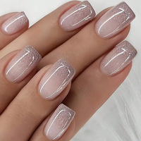 24 faux ongles carrés en acrylique brillant rose nude dégradé, courts, réutilisables, avec colle