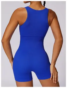 Ropa de gimnasio sin costuras sin mangas Fitness Activewear personalizado deportes acanalado una pieza entrenamiento mameluco Yoga monos cortos para mujeres