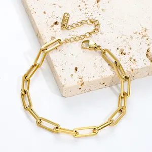 Wholesale Custom PVD 18K Gold Plated Stainless Steel Flat Paper Clip Paperclip Link Chain Bracelet For Women
