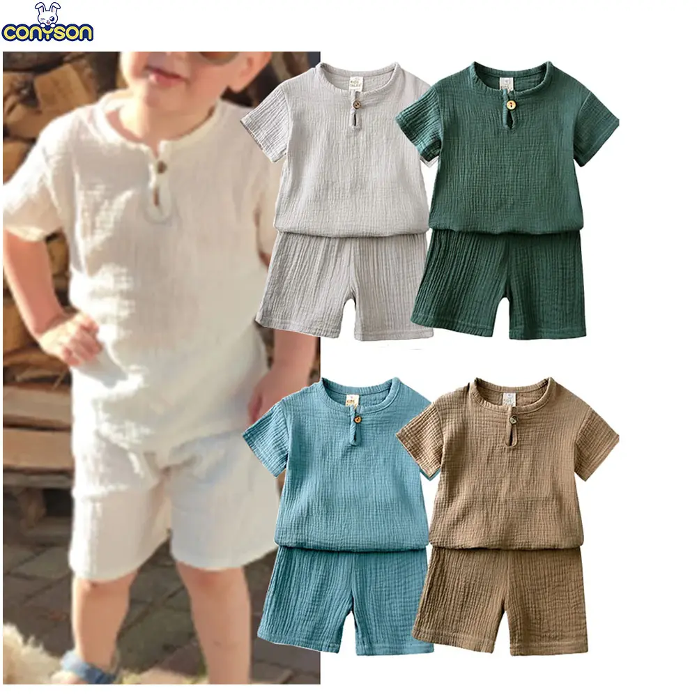 Conyson 2024 Peuter Zomer Jongen Meisje Outfit Katoenen Linnen Effen T-Shirt Shorts Kleding Voor Kinderen Casual Ademende Kleding Set