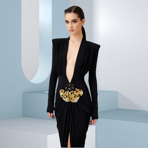 Robe de <span class=keywords><strong>soirée</strong></span> noire grande taille |   Robe à perles de style européen avec <span class=keywords><strong>d</strong></span>écolleté plongeant et silhouette moulante - Product Image 3