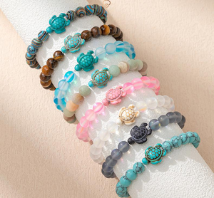 สร้อยข้อมือลูกปัดเต่าทะเลแบบใหม่สำหรับผู้ชายผู้หญิงกำไลข้อมือหินธรรมชาติ8มม. สีน้ำเงินยืดหยุ่นเครื่องประดับชายหาด - Product Image 2