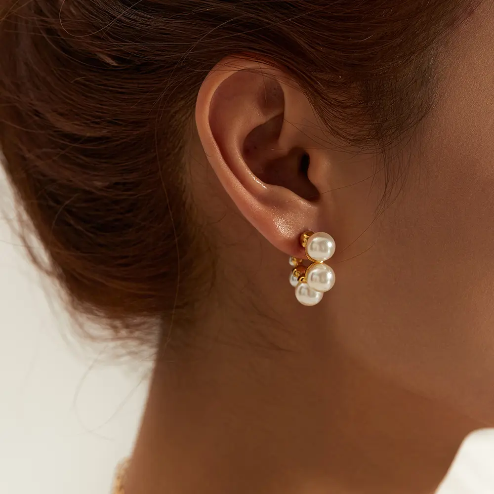 Hanpai New Design Women Fashion Fancy Earrings C Shape Earring Natural Pearl Earrings Stainless Steel