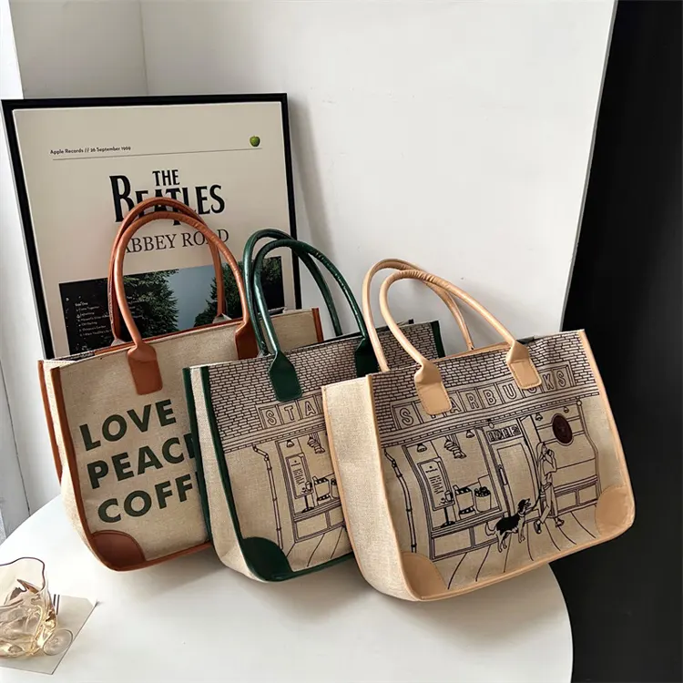 Wholesale cheap hot sale Reusable custom logo printed grocery shopping with leather handle large hemp burlap tote jute bag