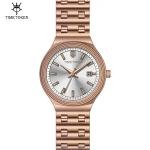 Time Token นาฬิกาธุรกิจแฟชั่นสำหรับผู้ชายนาฬิกาควอตซ์สแตนเลสสตีลปฏิทินแบบลำลองสำหรับผู้ชายนาฬิกาสีทอง