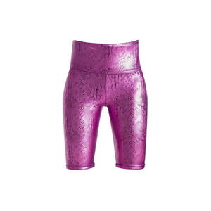 Shiny Purple High <b>Waist</b> Snake Print Biker <b>Shorts</b> for <b>Women</b>, Spandex Memory Fabric, Sporty Fit, <b>Elastic</b> <b>Waist</b>, Casual Workout Wea - Product Image 1