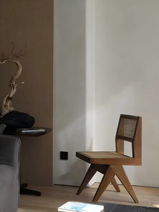 Solid Wood Rattan Armless Dining Chair Mortise Tenon <b>Backrest</b> Master Design Distressed Japanese Wabi-Sabi Style Home Furniture - Product Image 2