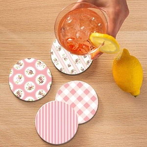 American Country Style Round Flower Checkered Heat Insulation Pad <b>Pink</b> Wooden Cup Mat UV Printed Placemat Picnic Ornament - Product Image 5