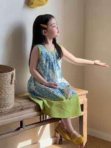 Abito estivo in cotone per ragazze, color block, scollo quadrato, senza maniche, stile country - Product Image 6