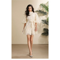 Robe Mini Élégante de Soirée pour Femme, Col Montant, Manches Bouffantes en Dentelle Vintage, Taille Nouée, Coupe Trapèze, Qualité Supérieure