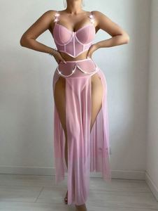 Conjunto de Dos Piezas para Mujer, Estilo Europeo Americano, Sexy, con Bordado, Transpirable, Falda Larga con Abertura de Malla - Product Image 6