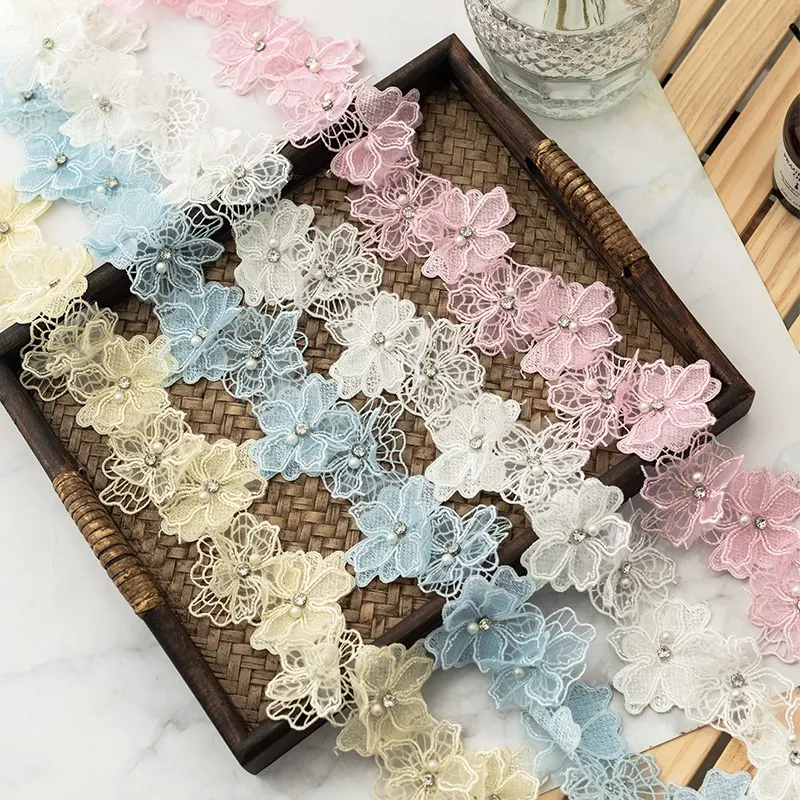 여자의 치마 공예 목선 액세서리 도매 DIY 수제 더블 레이어 자수 3D 꽃 레이스 세공 아플리케