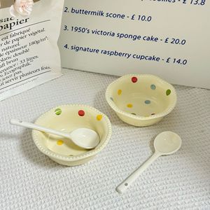 Bol en céramique à pois avec cuillère, 6 pouces, bord perlé, pour petit-déjeuner, soupe, salade de fruits, flocons d'avoine, yaourt, nouilles instantanées - Product Image 5