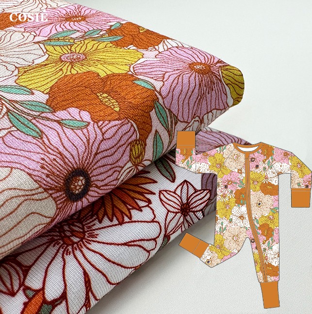 Bamboo 4 Way Spandex 7 OZ Oem&Odm Hand Drawn Blossom Vintage Floral Custom Printed Viscose Jersey Fabric Low MOQ Wholesale