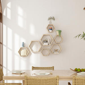 مجموعة من 3 رفوف خشبية سداسية الشكل للزاوية، رف عائم أحادي المستوى للتخزين المنزلي في المطبخ وغرفة المعيشة، مثبت بالمعدن - Product Image 6