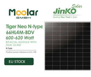 แผงโซลาร์เซลล์ Jinko BDV 620W TOPCon N-type แบบกระจกสองชั้น, สินค้าในรอตเตอร์ดัม, สายเคเบิล 1200 มม., จัดส่งรวดเร็วภายใน 3 วัน - Product Image 1