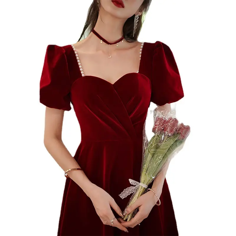 NNR French Velvet Princess Sleeve Retro Red Women Party Evening Elegant Dresses China