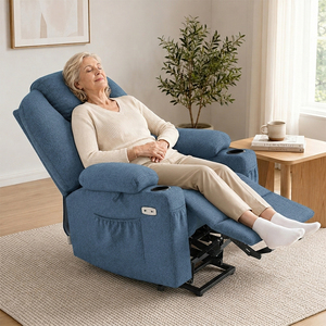 Sillón Reclinable Eléctrico de Tela Azul Personalizado con Masaje, Calefacción, Portavasos y Bolsillos de Almacenamiento - Product Image 3