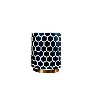 <b>Black</b> Bone Inlay Solid Wood Modern Handcrafted Honeycomb Hexagon Pattern Drum <b>Side</b> <b>Table</b> Gold Base Luxury Accent Furniture - Product Image 1
