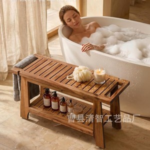 Qingzhi Teak Bathroom Stool Solid Wood Double Layer <b>Storage</b> <b>Shower</b> Bench With Towel <b>Rack</b> Poolside Use - Product Image 2