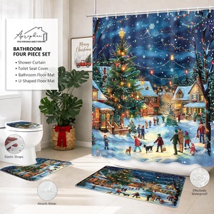 Rideau de Douche en Polyester Imprimé Numérique Motif Villages de Noël Bleus, Imperméable, Personnalisable, Vente en Gros, Moderne - Product Image 3