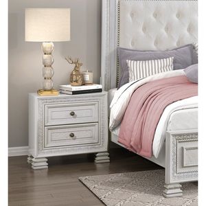 DB Classic Luxury Pearl White Mesita de noche de madera 2x cajones Muebles de dormitorio modernos con diseño de moldura de dardos para apartamentos - Product Image 1