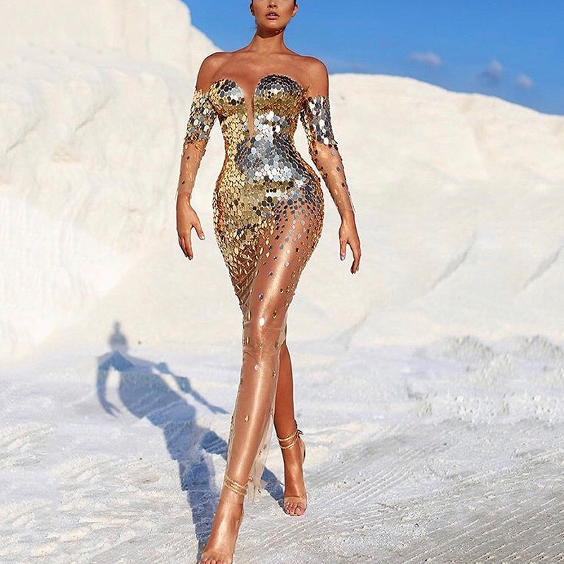 open lace back dress Champagne Extra Long Sleeve Prom Dresses Sequin Formal Dresses 21309 Champagne / US16 main image 1
