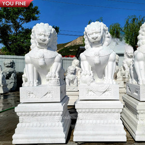 YOUFINE Paire de statues traditionnelles de chiens chinois Foo sculptées à la main en marbre blanc pour l'entrée de la porte - Product Image 6